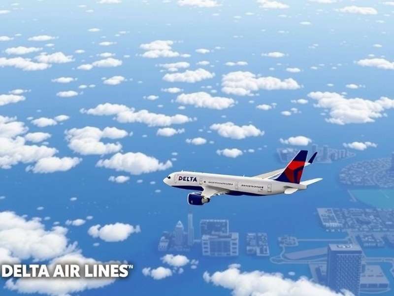 Delta Air Lines airplane flying over clouds with login portal overlay